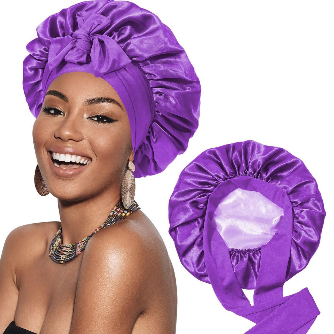 Double-layer Satin Ribbon Round Cap Bow Artificial Silk Beauty Hair Care Wide-brimmed Hat 6be67a07 b71f 478d 9f69 f9b20c70773