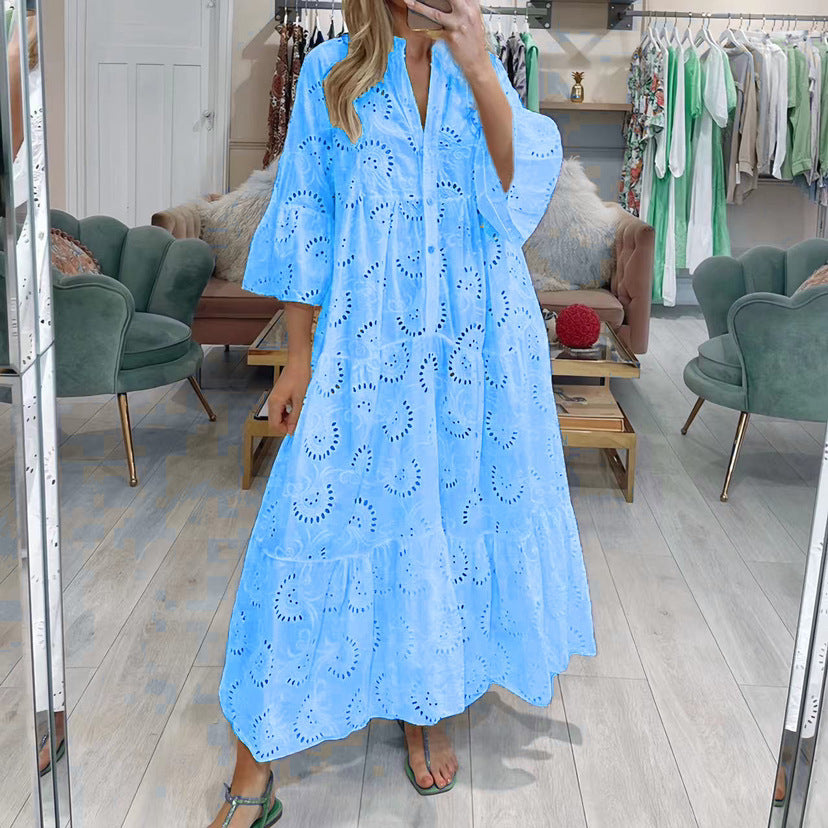 French Style V-neck Bell Sleeve Lace Hollow Out Solid Color Sexy Long Dress Women 6c17012c 1c0e 4265 bf96 1a532a45891c