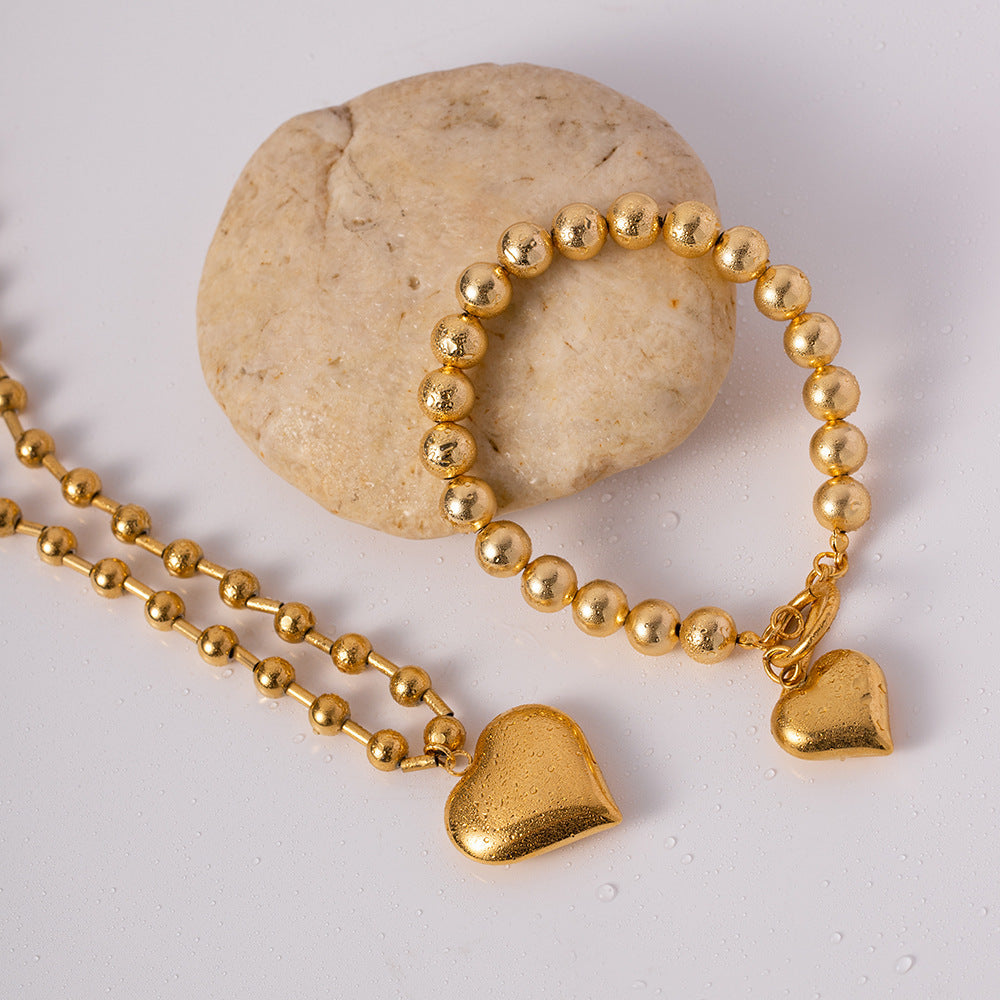 Three-dimensional Peach Heart Pendant Round Beads Stainless Steel Necklace 6c5bd6ee 229e 48de 8562 d52f7ceb66ee