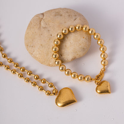 Three-dimensional Peach Heart Pendant Round Beads Stainless Steel Necklace 6c5bd6ee 229e 48de 8562 d52f7ceb66ee