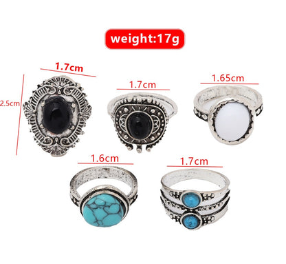 Bohemian Retro Ethnic Style Inlaid Black Gemstone Opal Turquoise Joint Ring 6c849540 65cd 4dcf b852 9ef7e20a25ae