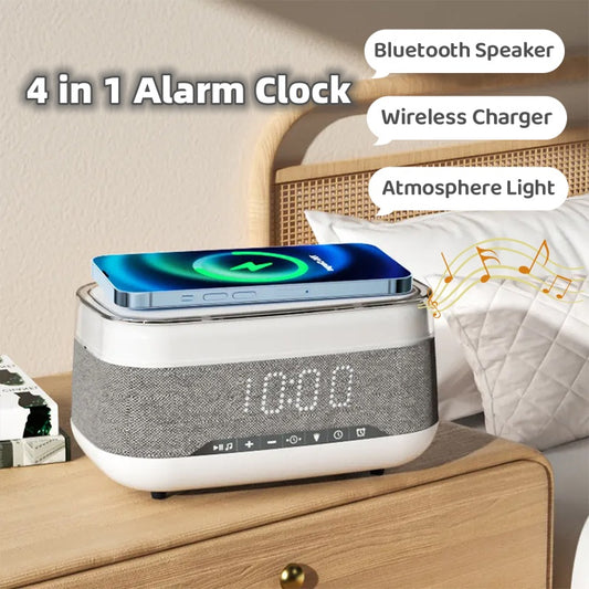 Intelligent Multifunctional Alarm Clock Bluetooth Speaker Wireless Charger Fast Charge Clock Atmosphere Night Light Home Deco