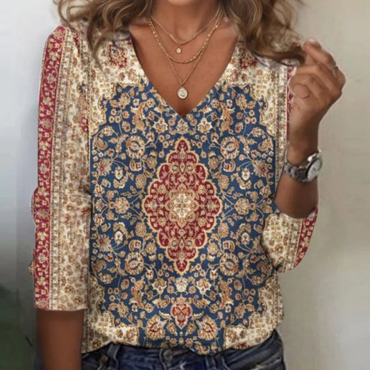 Fashionable Printed Long-sleeved T-shirt V-neck Loose Top 711b348f c557 40a1 afb4 e3204c02a2ed