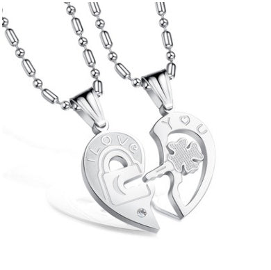 Titanium steel rhinestones key puzzles couple necklace 7131597477665