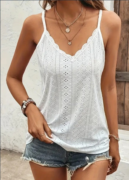 Solid Color V Neck Eyelet Cami Top, Elegant Scallop Trim Sleeveless Top For Spring & Summer, Women's Clothing 7166aa01 6c28 4