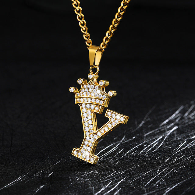 Crown Pendant Stainless Steel Letter Necklace 717553383696