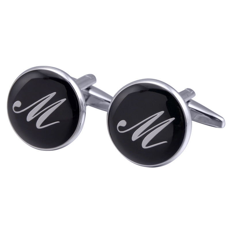 French Cufflinks black round Enamel Traditional letter Cufflinks 721822007991