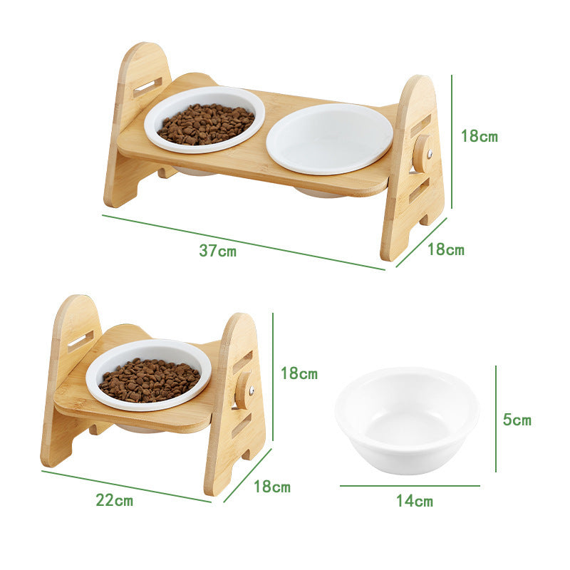 Cat Bowl Solid Wood Ceramic Double Bowl Oblique Mouth Pet Bowl Protecting Cervical Spine Cat Food Bowl Cat Food Bowl 72637083