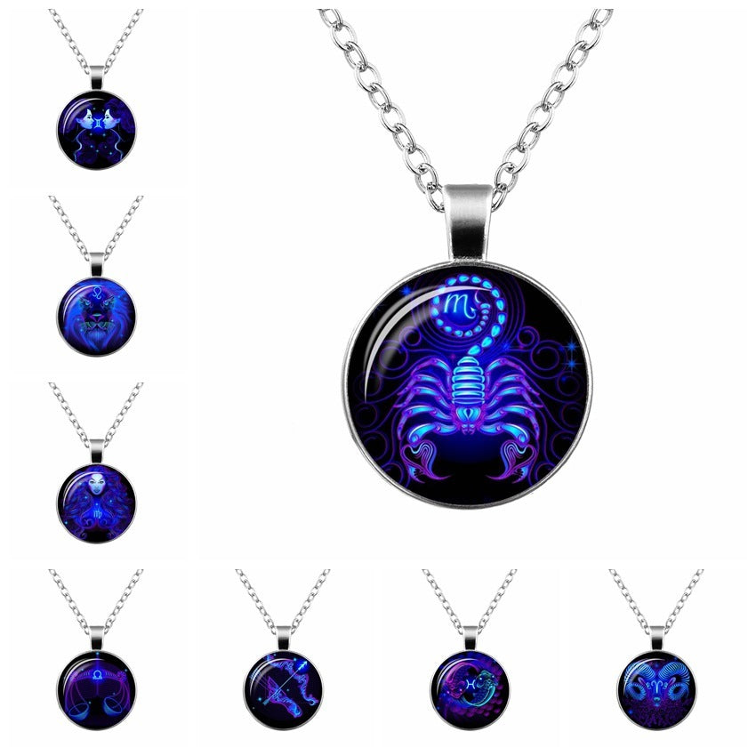 Twelve Constellation Time Gemstone Glass Pendant Necklace 7283120865214