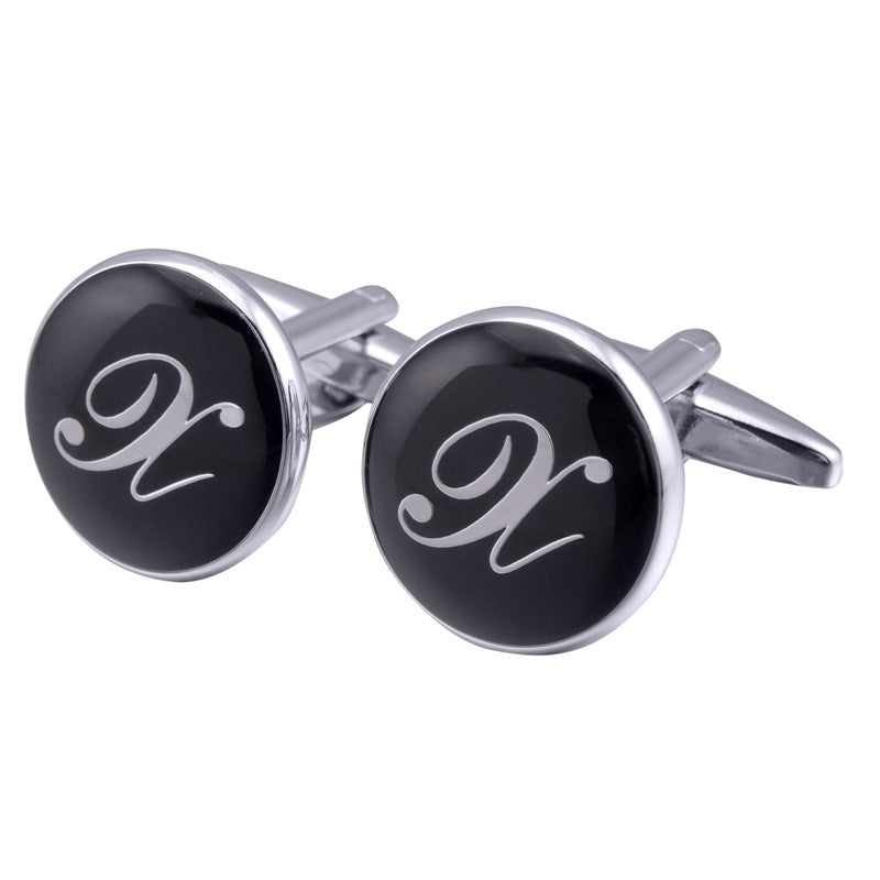 French Cufflinks black round Enamel Traditional letter Cufflinks 734827075535
