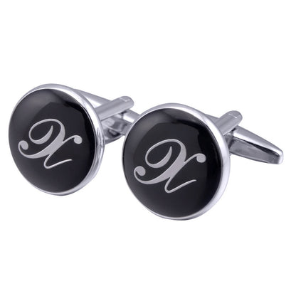 French Cufflinks black round Enamel Traditional letter Cufflinks 734827075535