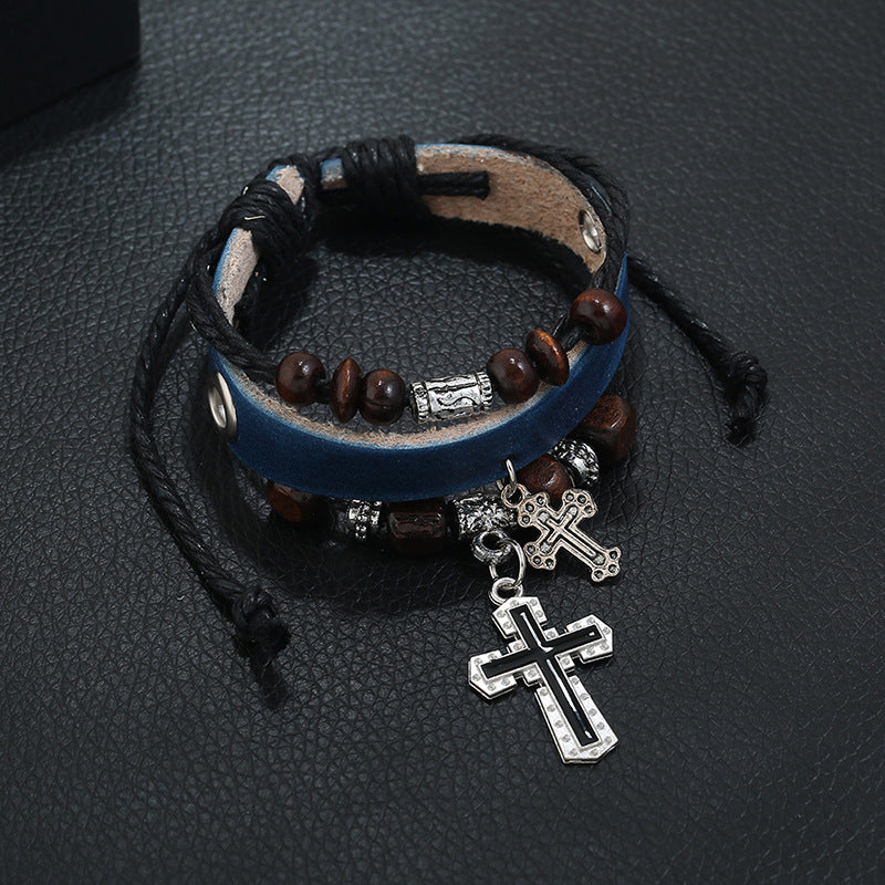 Beaded cross leather bracelet 738403740167