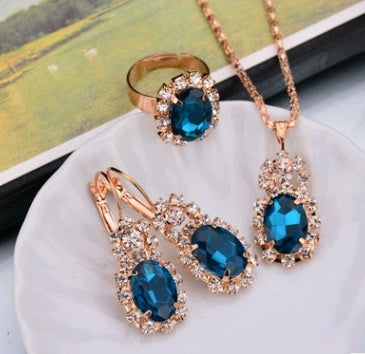 Europe And The United States Personalized Water Drop Color Diamond Necklace, Earrings, Rings Set, Shiny High-end Bridal Jewel