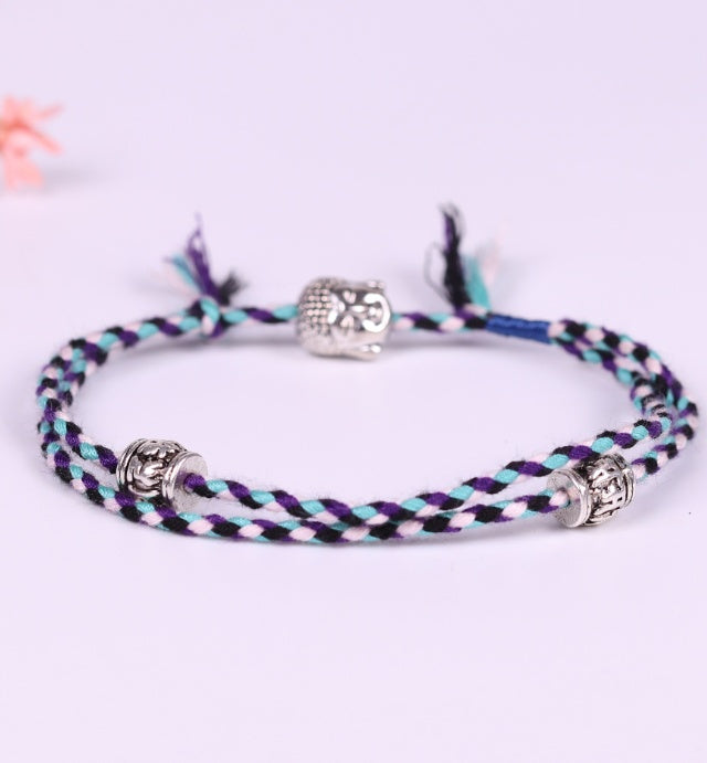 Hand-woven colorful lucky rope bracelet adjustable silver Buddha head double simple bracelet 756651425762