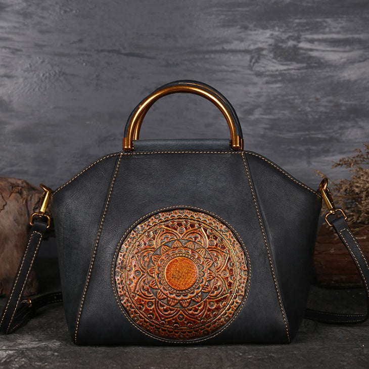 Genuine Embossed Leather Messenger Top Handle Bag Retro Handbag Totem Pattern High Quality Natural Skin Women Shoulder Tote B