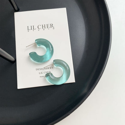 Sterling Silver Needle Transparent Jelly Color C- Shaped Earrings Japanese And Korean Temperamental All-match Face Slimming E