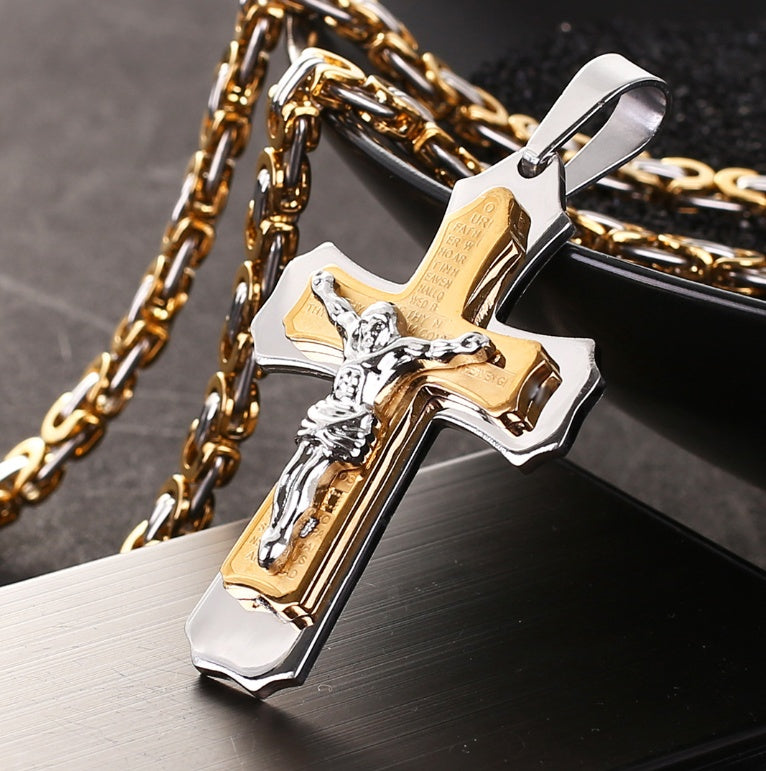 Jesus Bible Scripture Golden Cross Titanium Steel Pendant Necklace 758197746264