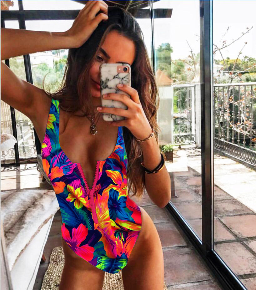 Ladies zipper sexy one-piece printed swimsuit women swimwear 75af41db d730 4669 8cb3 2433a56050d0