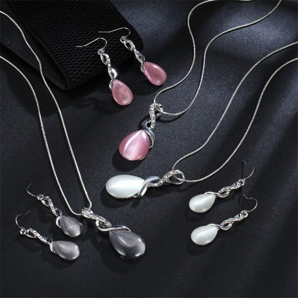 Fashion Opal Jewelry Sets For Woman Cubic zirconia Water Drop Necklace Pendant Earrings Statement Bridal Wedding Party Gift 7