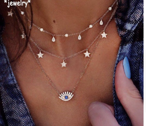 Bls-miracle Multilayer Necklace for Women Long Chain Turkish Eye Pendant Necklaces Trendy Crystal Star Water droplets Necklac