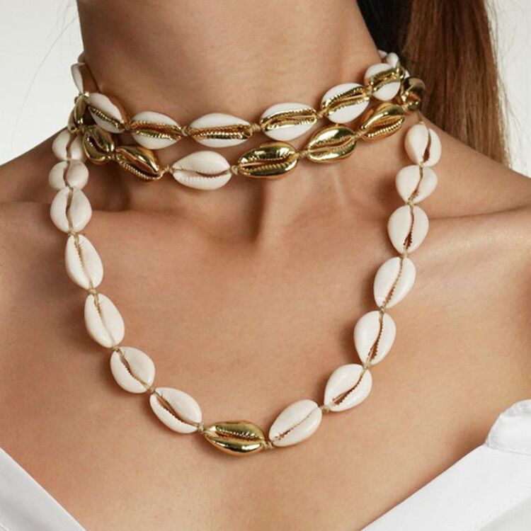 Gold alloy natural shell handmade knotted necklace 763406818276