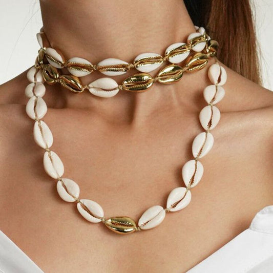 Gold alloy natural shell handmade knotted necklace 763406818276