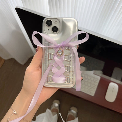 Electroplating Air Cushion Silver Phone Case Shoelace Bow Protective Cover - 图片 5