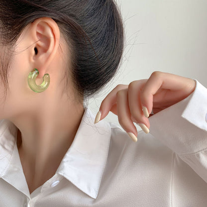 Sterling Silver Needle Transparent Jelly Color C- Shaped Earrings Japanese And Korean Temperamental All-match Face Slimming E