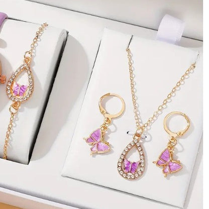 4PCS Set Luxury Women Butterfly Necklace Bracelet Earrings Drop Oil Diamond Jewelry For Girl Gift Jewelry Fashion Jewelr