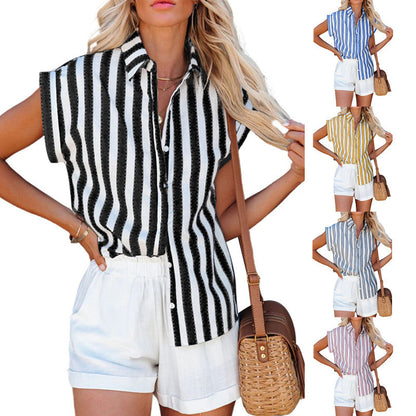 Short Sleeve Striped Women's Loose Single Breasted Shirt 777349bd a54f 4d8c 9dc5 1d038c16b62a