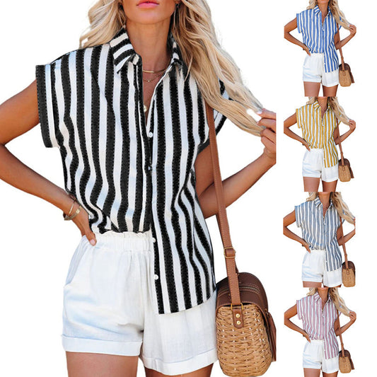 Short Sleeve Striped Women's Loose Single Breasted Shirt 777349bd a54f 4d8c 9dc5 1d038c16b62a