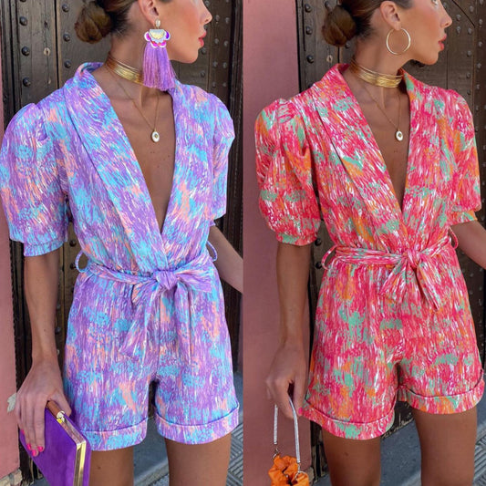 Bubble sleeved short sleeved printed waistband elastic jumpsuit 77cf7bb0 9f97 4aea a1b2 7a67a7c6b077
