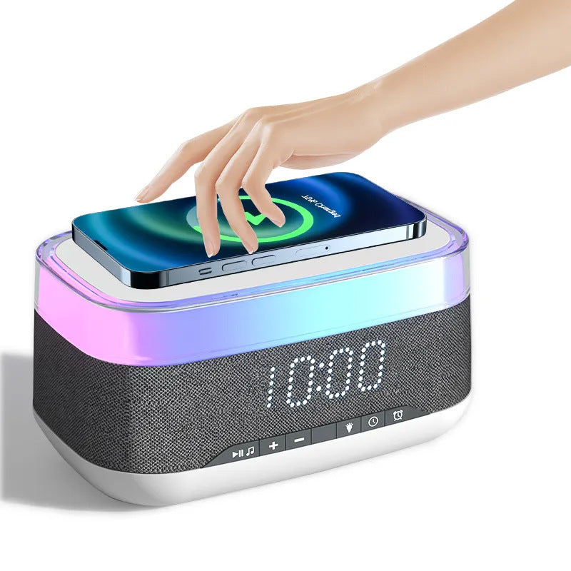 Intelligent Multifunctional Alarm Clock Bluetooth Speaker Wireless Charger Fast Charge Clock Atmosphere Night Light Home Deco
