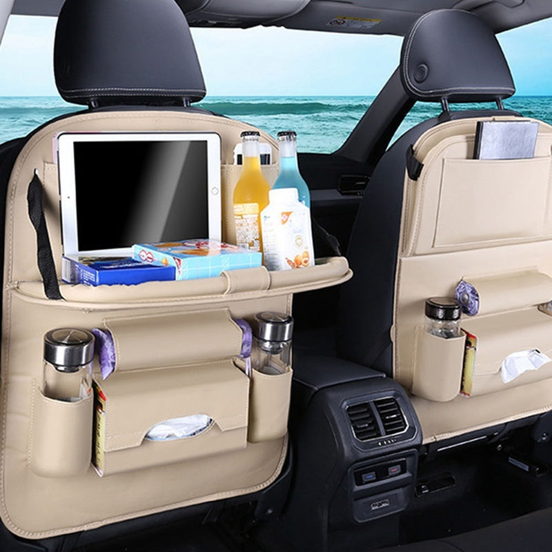 Universal Multifunctional Car Seat Bag with Foldable Table PU Leather Multi-pocket 782546268895