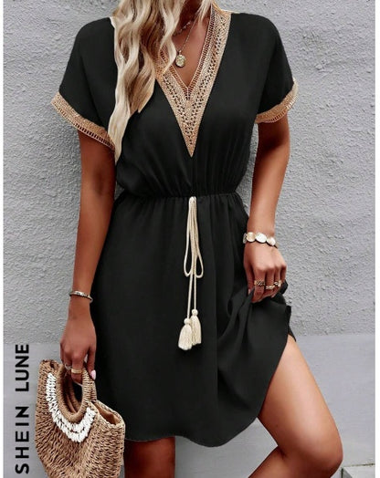 Women Stylish Summer V-Neck Fringed Belted Dress 79366568 c3d1 4f0d 92bd 2c759497f6d5