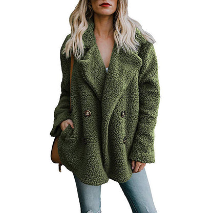 Autumn and Winter Women's Plush Button Lapels Pocket Coat Shirt 796323032068