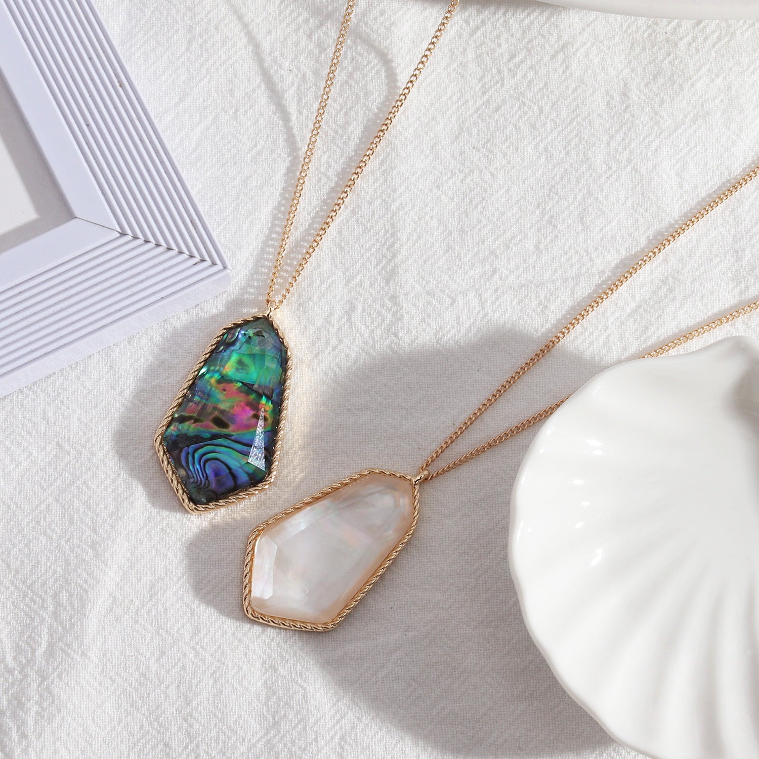 Abalone shell long faceted resin necklace 799035104137