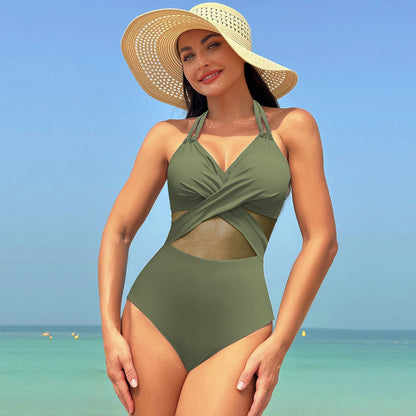 One-piece Swimsuit Women's Pure Color Mesh Bikini Swimsuit 79bbe4ea 2b7b 413f 995f df935544b18e