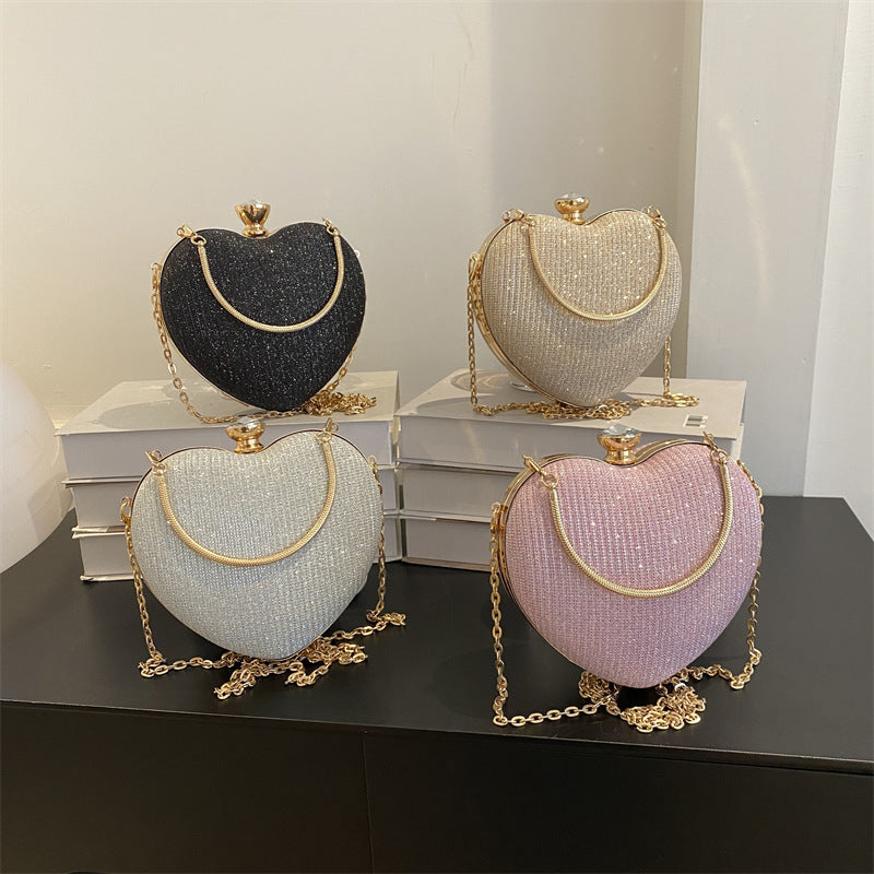 Evening Clutch Bag Women Bag Shiny Handbag Heart Shape Metal Clutches Bag Fashion Chain Shoulder Crossbody Bag Luxury Lady Pu