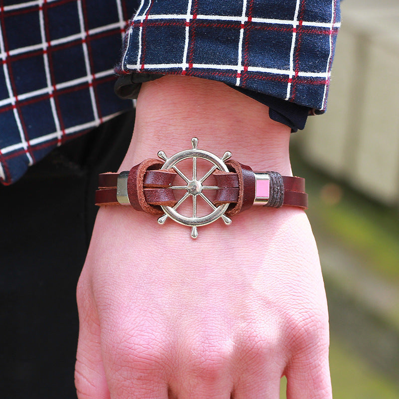 Rudder Bracelet Real Cowhide String Boat Anchor Wheel Metal Punk Bracelet Jewelry 7d0eef8c 3075 4451 a004 5459e462aed9