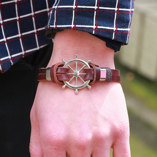 Rudder Bracelet Real Cowhide String Boat Anchor Wheel Metal Punk Bracelet Jewelry 7d0eef8c 3075 4451 a004 5459e462aed9