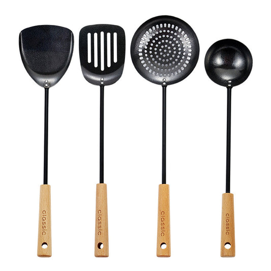 Black Pig Iron Spatula And Soup Spoon Household Non-stick Pan Long Handle Cooking Chef Shovel Colander Beech Handle Classical