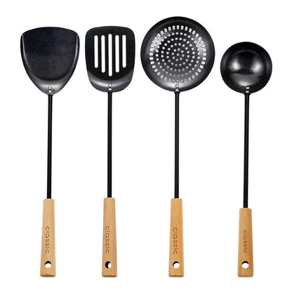 Black Pig Iron Spatula And Soup Spoon Household Non-stick Pan Long Handle Cooking Chef Shovel Colander Beech Handle Classical
