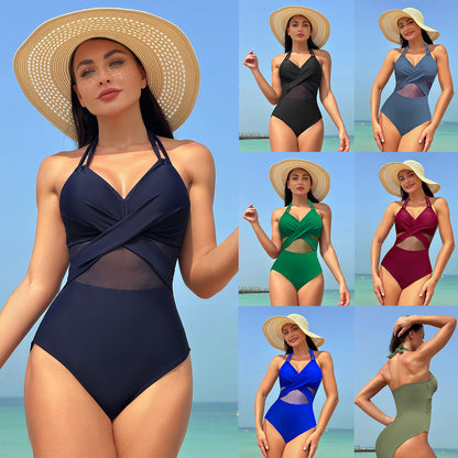 One-piece Swimsuit Women's Pure Color Mesh Bikini Swimsuit 7e83fbeb a81b 4b0c 921c 225e976c6039