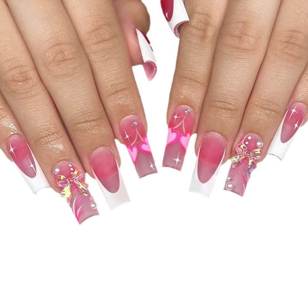 Wear A Piece Long Aurora Bow Pearl Rhinestone White French Edge Fake Nails 7ec2086f feef 49bb 8525 d9b883196663