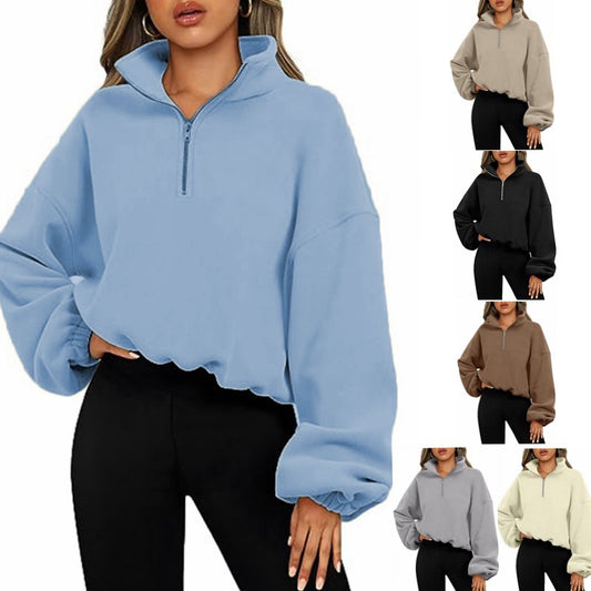 Loose Sport Pullover Hoodie Women Winter Solid Color Zipper Stand Collar Sweatshirt Thick Warm Clothing 7f20bc4c 0462 41f2 b0