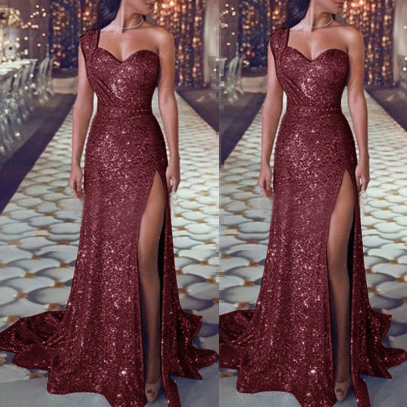 Women's Clothing One-shoulder Sleeveless Bronzing Split Dress 7f25b5c6 2820 422a 96e6 d16f897bcbf4