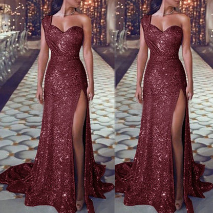 Women's Clothing One-shoulder Sleeveless Bronzing Split Dress 7f25b5c6 2820 422a 96e6 d16f897bcbf4