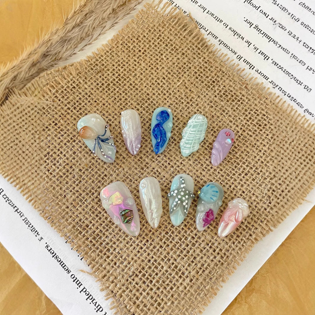 Hand-painted Happy Underwater World White Advanced Long Manicure 7f30821c ba60 46ee ab39 6753103c69fb