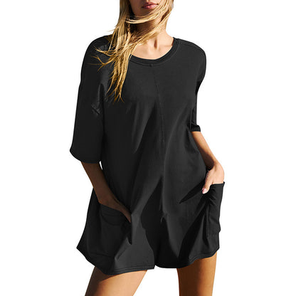 Casual Loose Short-sleeved Jumpsuit With Pockets New Crew Neck Shorts Overall Pants Summer Womens Clothing 80762e92 06c5 4a3a
